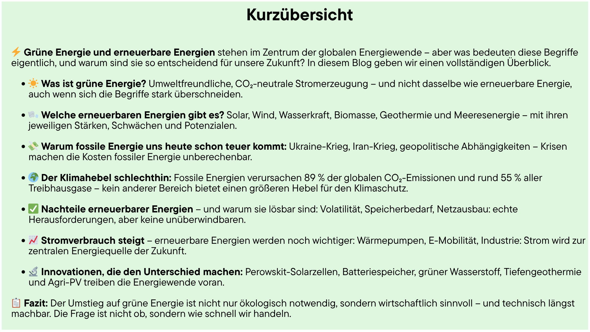Kurzübersicht für das hellgrün-Magazin zu grüner und erneuerbarer Energie