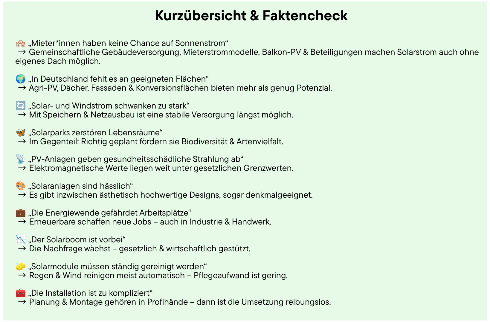 Kurzübersicht und Faktencheck für das hellgrün Magazin zu Solarmythen (Teil 2)
