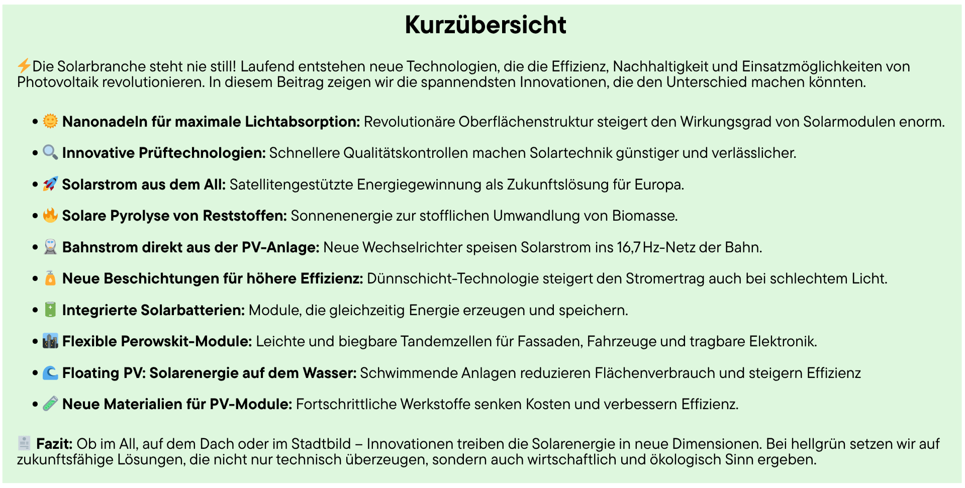Kurzübersicht für das hellgrün-Magazin zu Innovationen in der Solarbranche