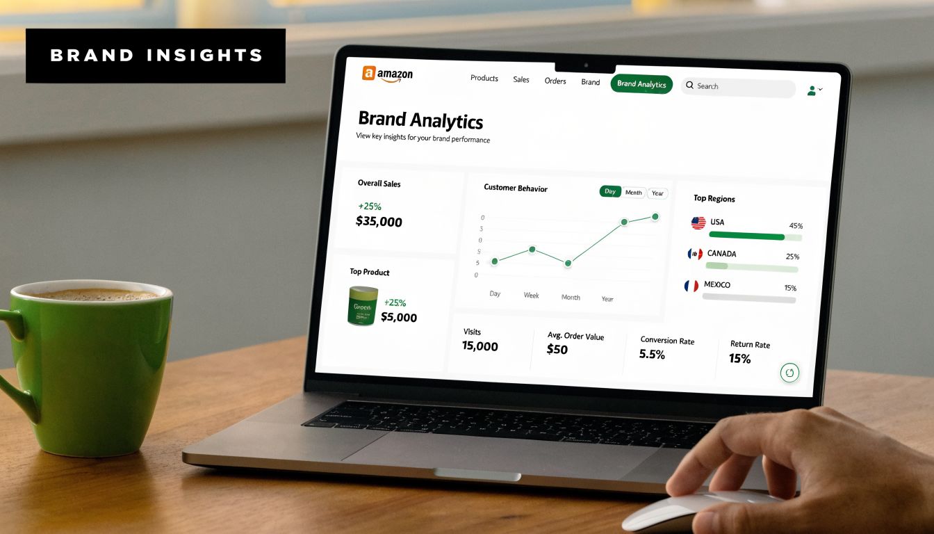 A laptop screen displaying the Amazon Brand Analytics dashboard showing sales performance, customer behavior, and regional data.