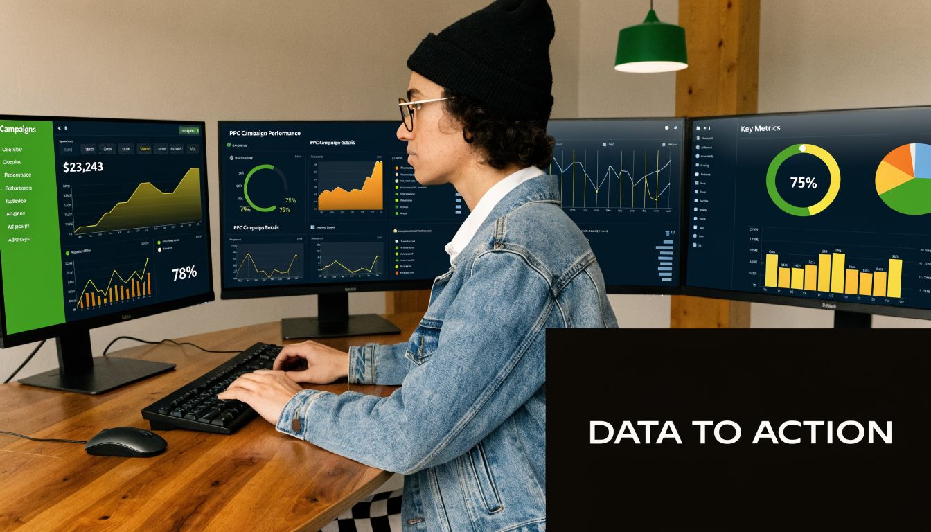 A person wearing a beanie and denim jacket analyzes Amazon brand analytics on multiple computer screens.