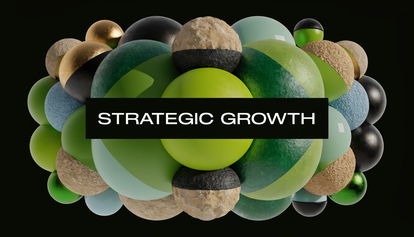A 3D graphic design featuring vibrant spheres in various textures with the text STRATEGIC GROWTH overlayed.