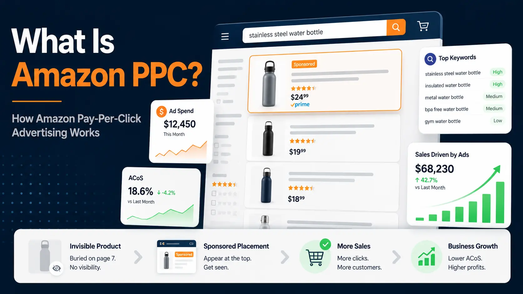 Amazon PPC guide featured image showing sponsored search placement, ad spend, ACoS, keyword targeting, and sales growth dashboard.