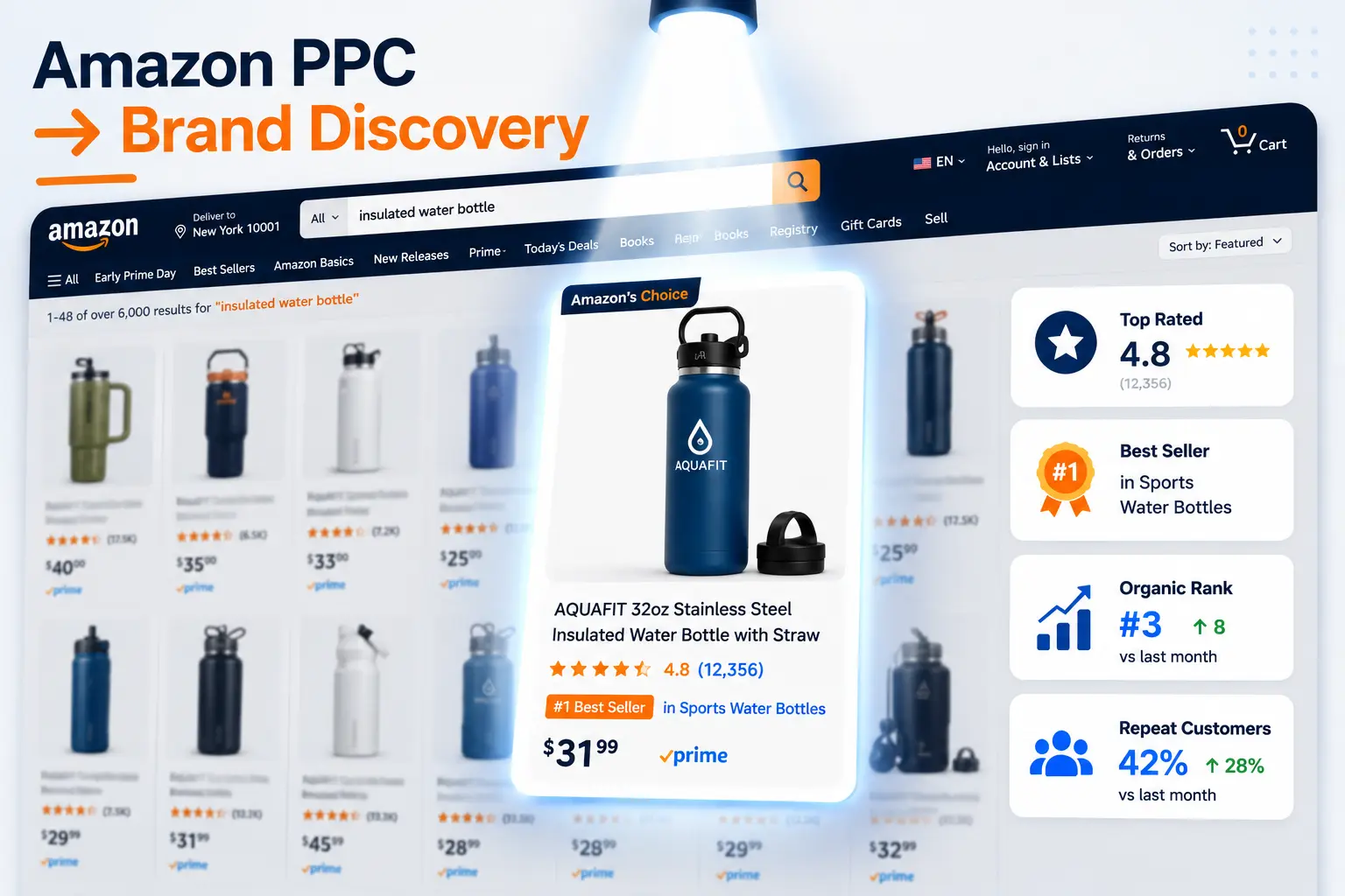 Amazon search results illustration showing how Amazon PPC helps an unknown product gain visibility, earn top rankings, attract new customers, and grow into a recognised brand through improved discoverability and organic sales growth.