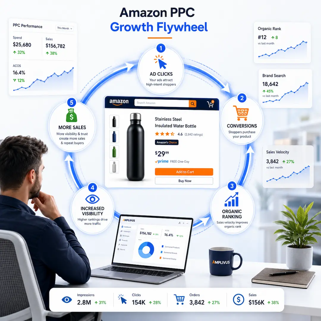 Amazon PPC growth flywheel illustration showing how ad clicks, conversions, organic ranking, increased visibility, and sales work together to drive long-term Amazon brand growth and discoverability.