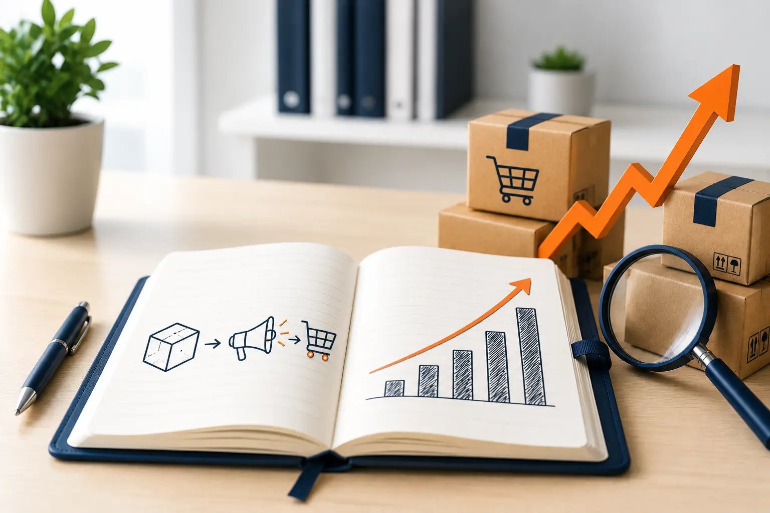 Open notebook showing a simple product-to-sale advertising workflow beside ecommerce shipping boxes, a magnifying glass, and a growth arrow, representing Amazon PPC campaign planning for beginners.