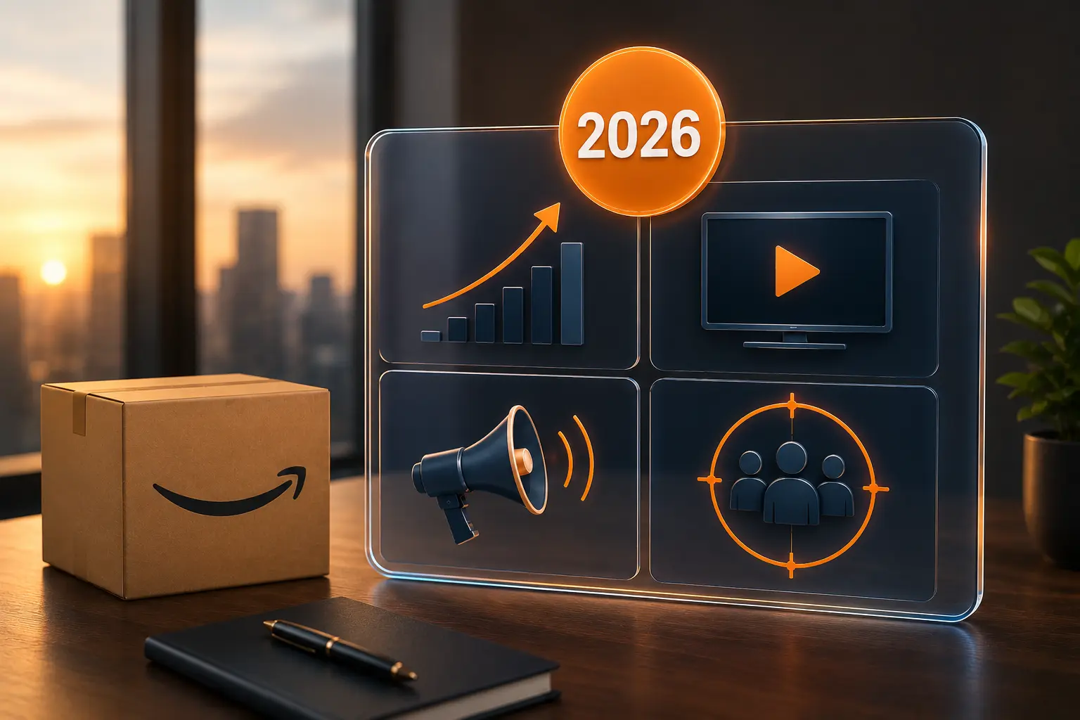 Minimalist 3D illustration showing an Amazon shipping box beside a modern glass dashboard with growth, streaming ads, advertising, and audience targeting symbols, representing key Amazon Ads changes for established brands.