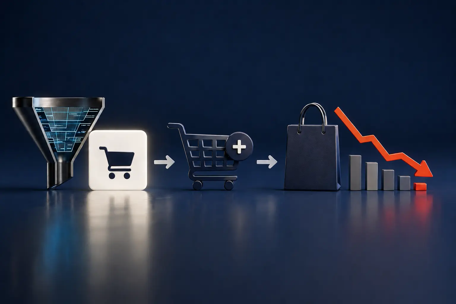 Visual representation of the Amazon shopping journey showing cart additions, purchases, and a conversion drop-off, illustrating how to diagnose cart-add-to-purchase issues in Amazon SQP data.