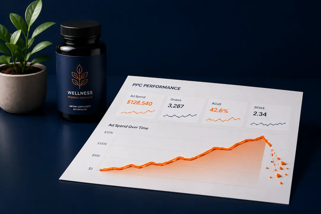 Premium wellness supplement bottle beside an Amazon PPC performance report showing rising ad spend followed by a sharp efficiency decline, representing scaling challenges for wellness brands beyond $100K monthly ad spend.