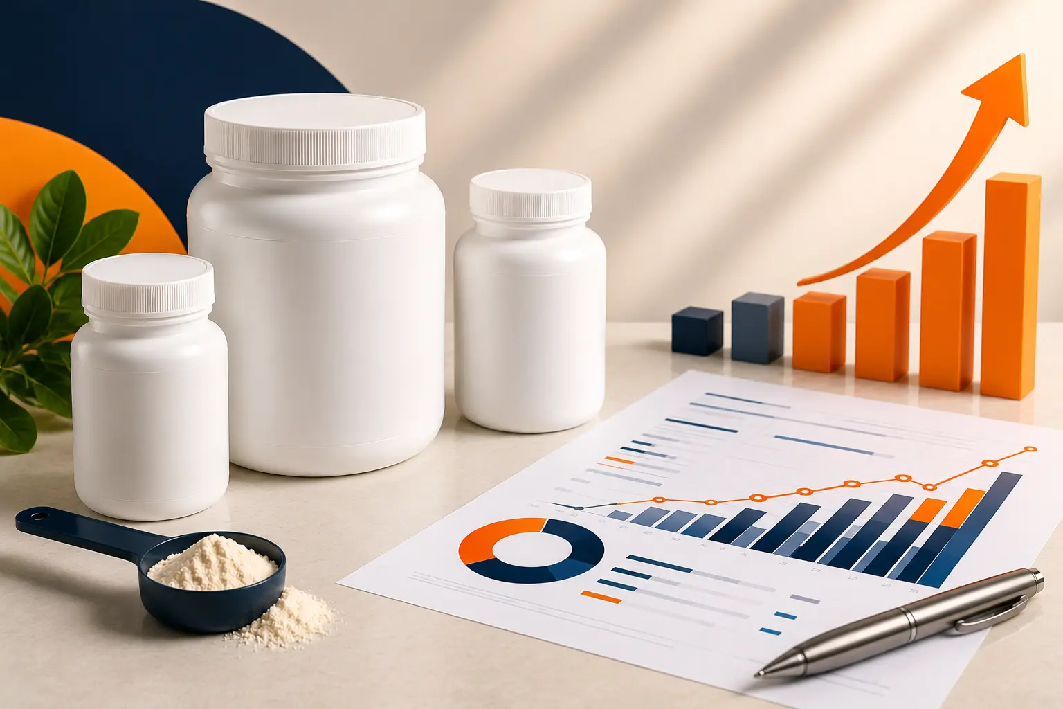 White supplement bottles beside an Amazon PPC performance report with growth charts, representing a scalable PPC strategy for supplement brands generating over $200K per month.