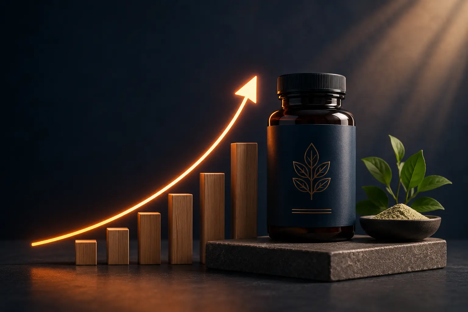 Premium wellness supplement bottle beside an upward growth chart and rising performance indicators, representing how wellness brands scale Amazon PPC profitably beyond $100K in monthly ad spend.