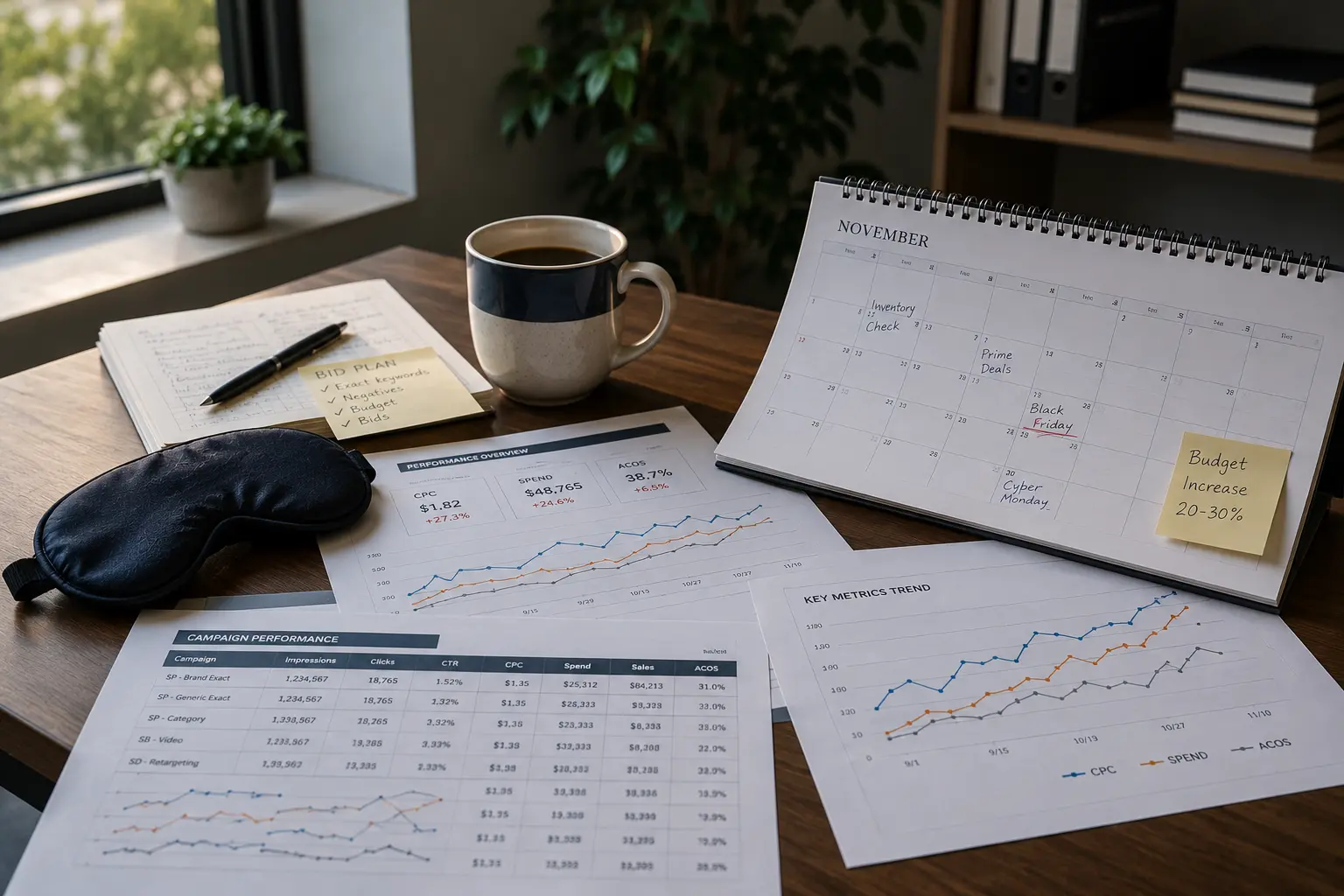 Editorial-style workspace showing Amazon PPC reports, a November planning calendar, an eye mask, and campaign notes representing Q4 Amazon advertising strategy for sleep brands.