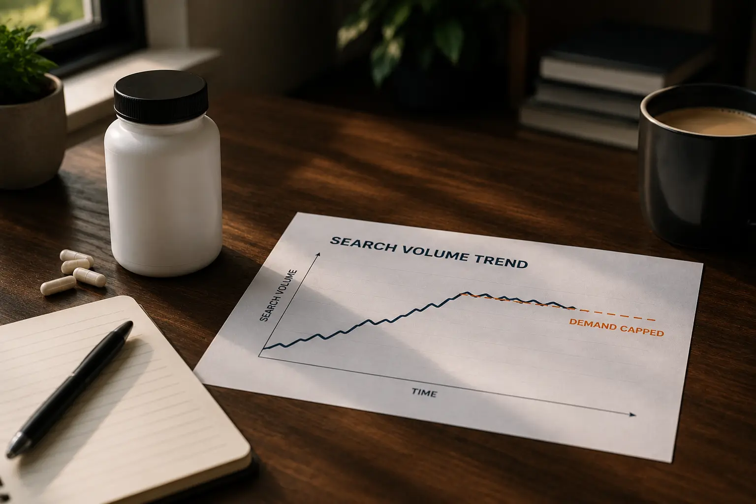 Editorial-style workspace with a printed search volume trend report, an unbranded supplement bottle, and a coffee mug, representing Amazon PPC strategy for biohacking brands in a limited search demand market.