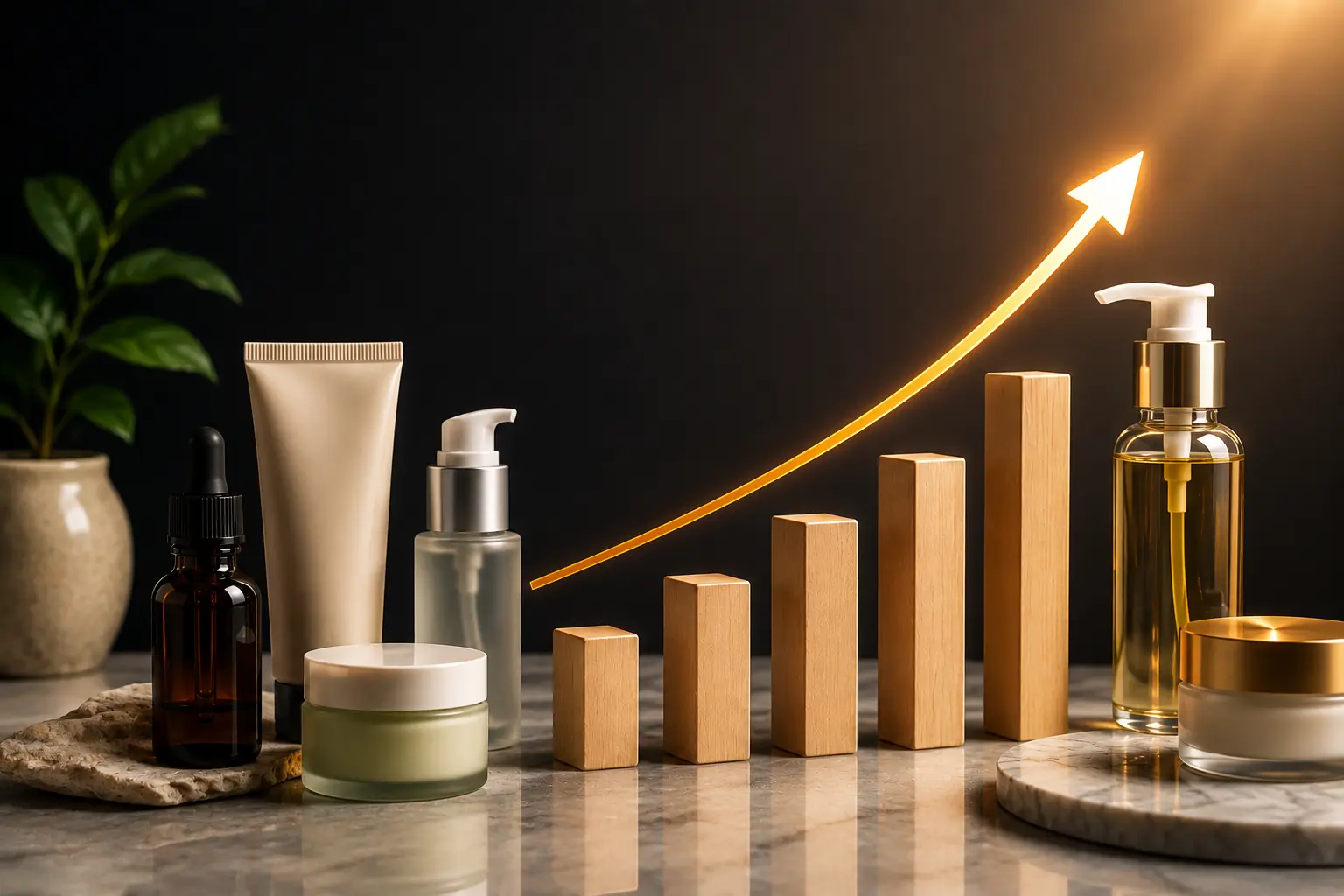 Premium skincare products arranged beside ascending wooden blocks and a glowing upward arrow, symbolizing profitable Amazon PPC growth for beauty brands scaling beyond $100K in monthly revenue.