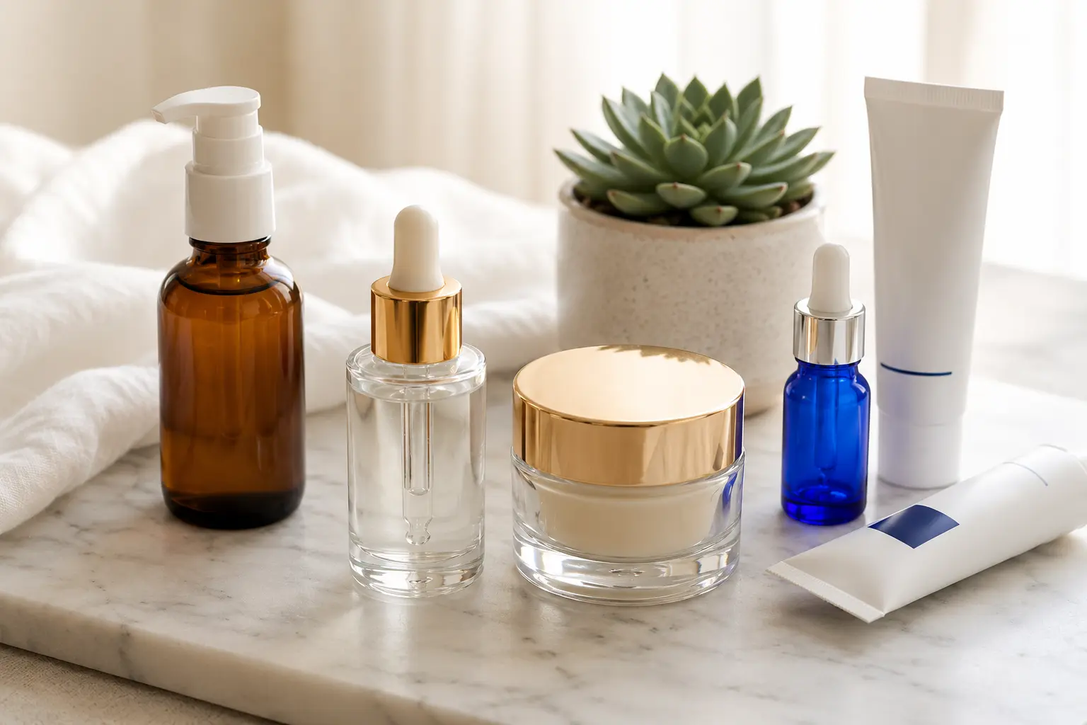 Premium skincare products arranged on a marble surface with a smartphone displaying an Amazon product page, representing how full-funnel Amazon advertising combines DSP and Sponsored Products to drive awareness and conversions for skincare brands.