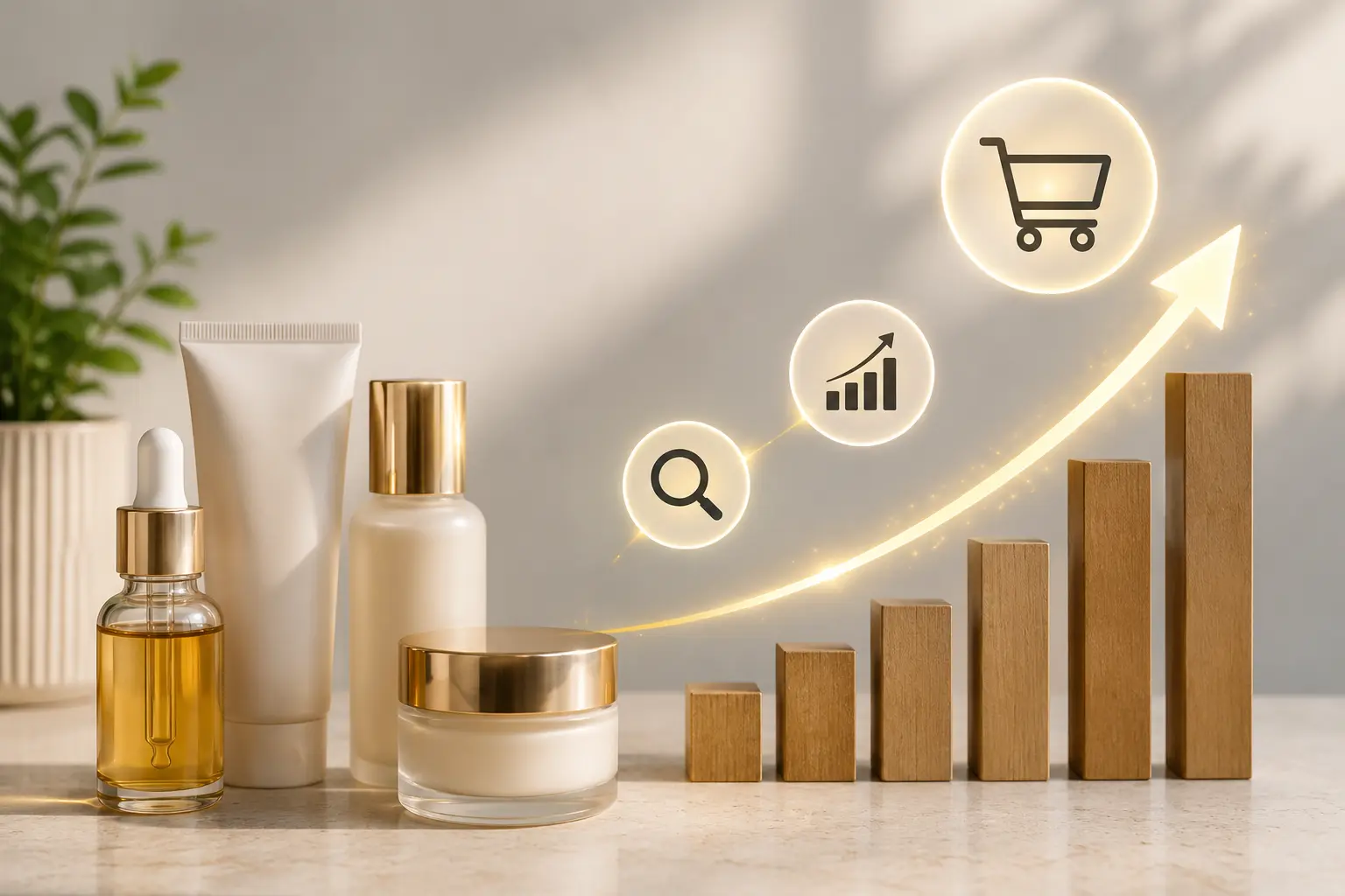 Premium beauty skincare products beside rising wooden blocks with a glowing upward arrow, illustrating how Amazon PPC creates a halo effect that improves organic rankings, increases organic sales, and drives long-term brand growth.