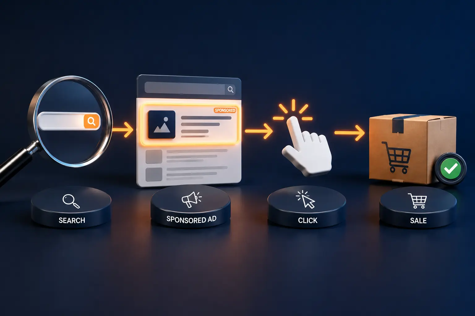 3D visual showing the Amazon PPC journey from search to sponsored ad, user click, and completed sale, illustrating how Amazon Sponsored Ads work in a simple step-by-step process.