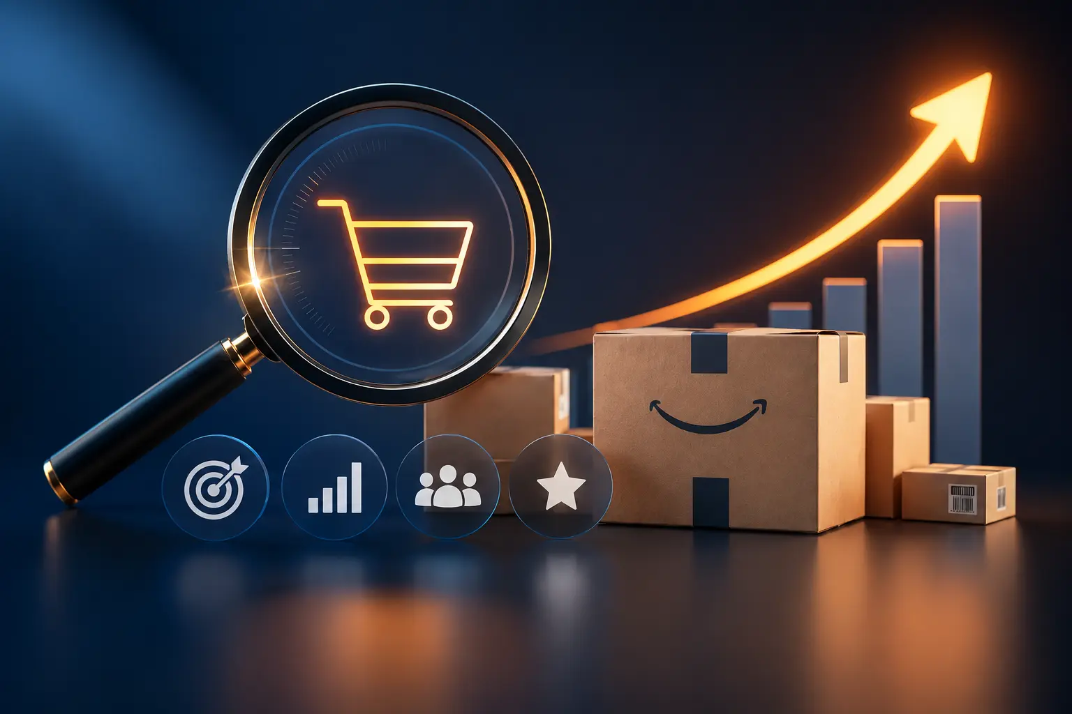 Amazon PPC brand discoverability and sales growth shown through product search, performance analytics, shipping boxes, and an upward sales chart.