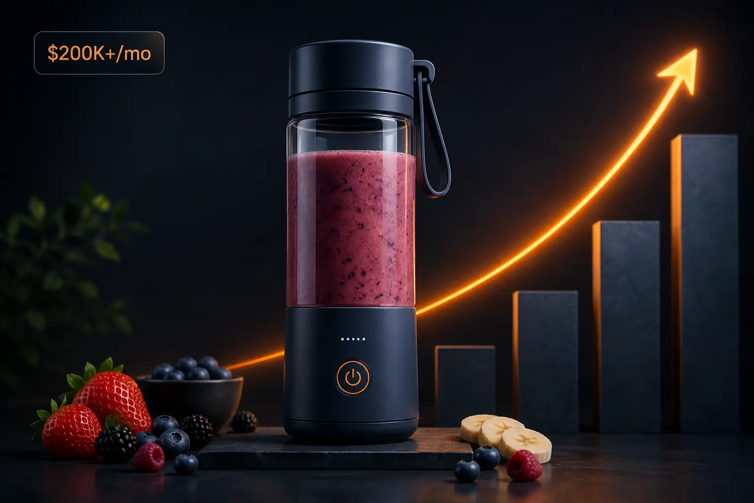 Premium portable blender filled with berry smoothie on a dark background with fresh fruit and an orange growth arrow representing $200K+ monthly Amazon PPC scale.