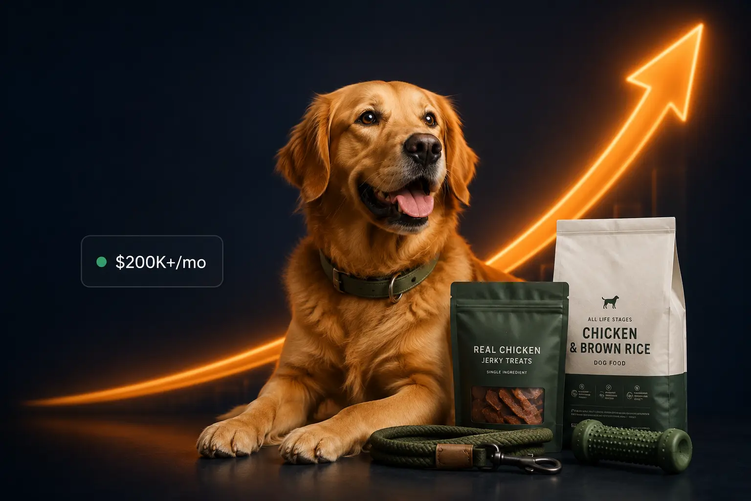 Golden retriever with dog food, treats, leash, and chew toy on a dark premium background with an orange growth arrow representing $200K+ monthly Amazon PPC scale.
