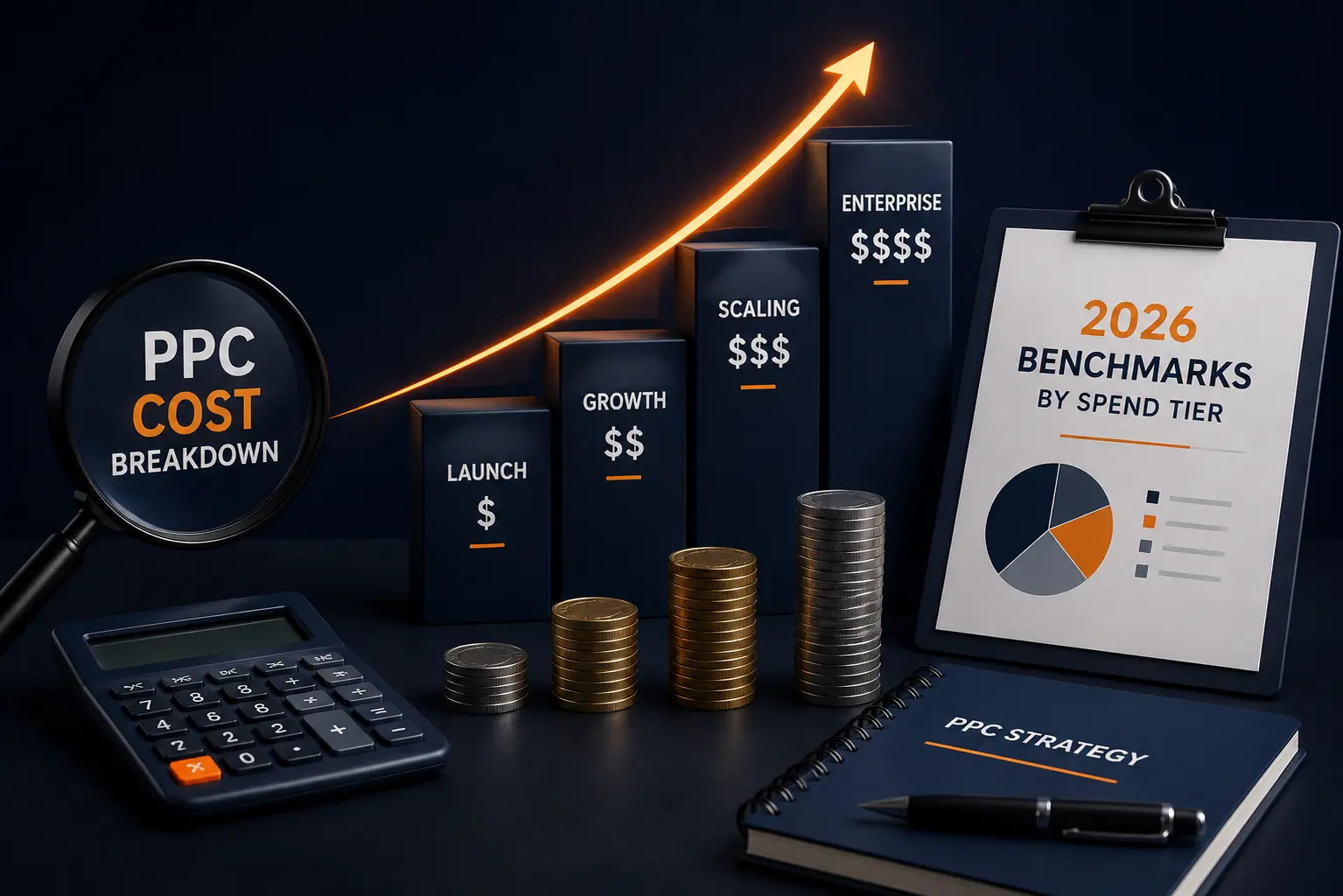 Premium Amazon PPC cost breakdown visual showing 2026 spend tiers, rising cost levels, coin stacks, and an orange growth arrow.