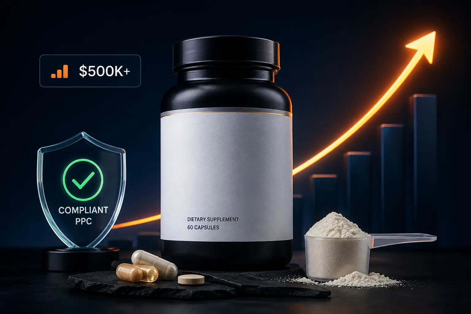 Premium dietary supplement bottle with capsules and powder beside a compliance shield, $500K+ marker, and orange growth arrow representing compliant Amazon PPC growth.