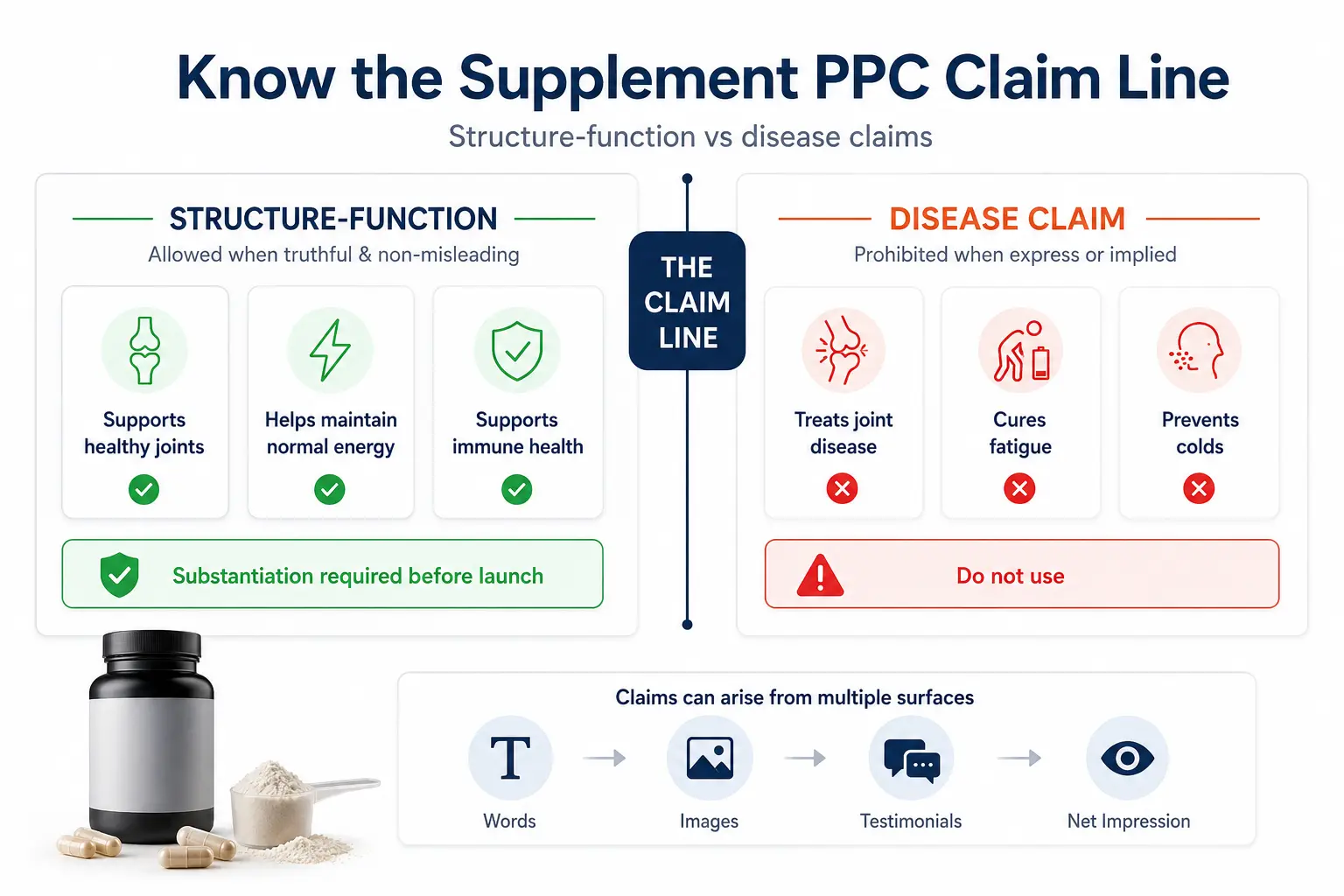 Compliance infographic showing the boundary between substantiated structure-function supplement claims and prohibited disease claims in Amazon PPC advertising.