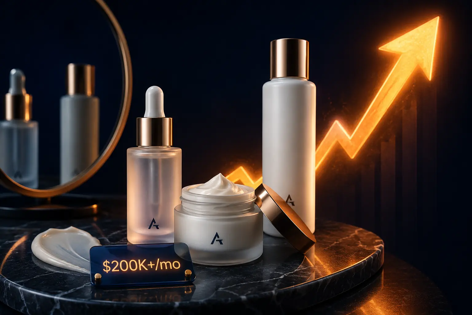 Premium skincare serum, cream, and lotion displayed on a dark luxury surface with an orange growth arrow and $200K+ monthly Amazon Ads scale.