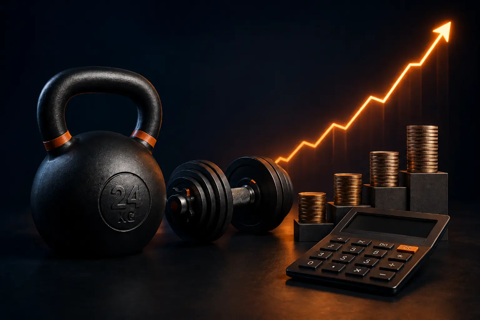 Fitness equipment, calculator, coin stacks, and an orange growth chart representing Amazon PPC cost benchmarks for fitness brands in 2026.