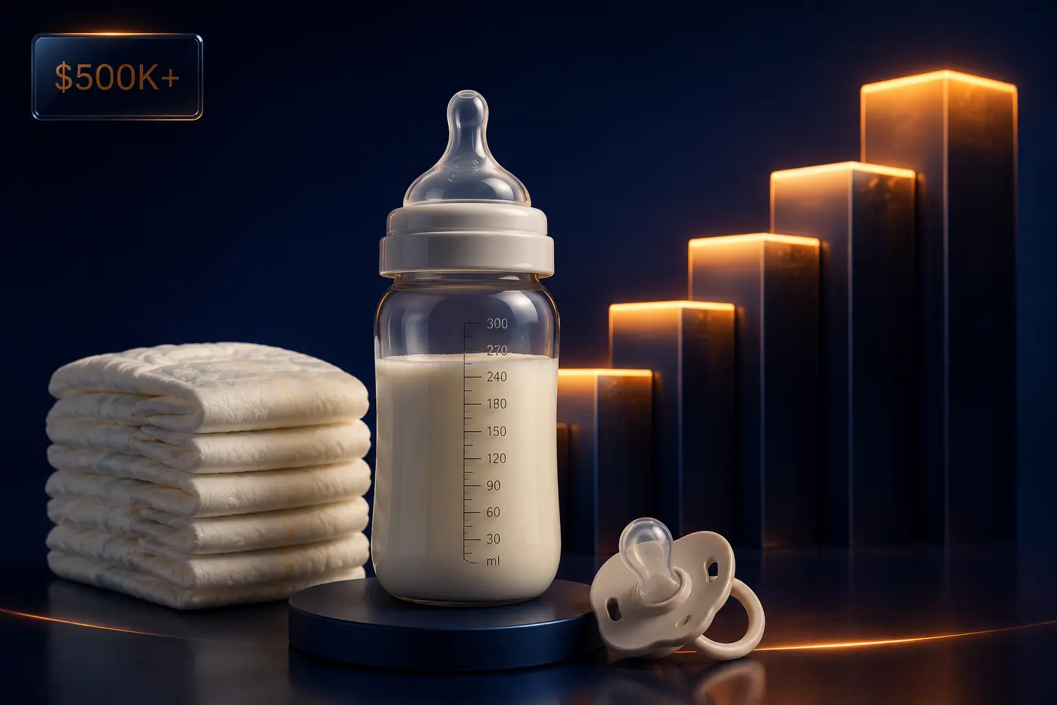 Premium baby bottle, stacked diapers, and pacifier on a dark navy background with glowing growth bars representing Amazon advertising for $500K+ baby brands