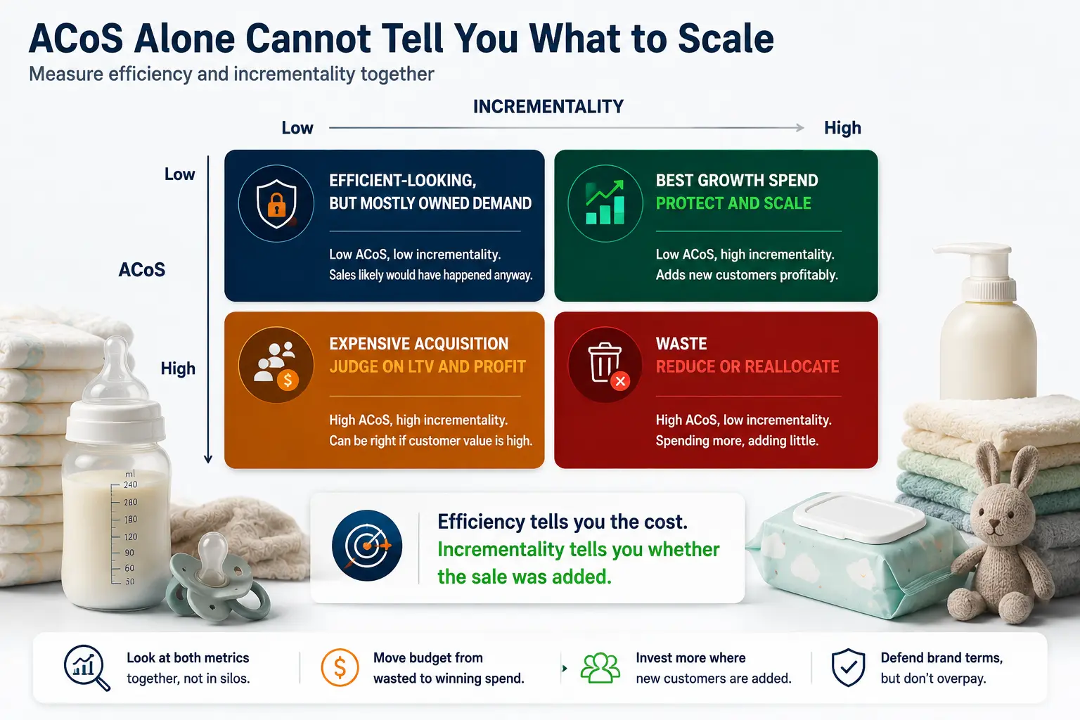 Amazon advertising matrix comparing campaign ACoS with incrementality to identify efficient growth, non-incremental branded spend, expensive acquisition, and campaigns to cut.