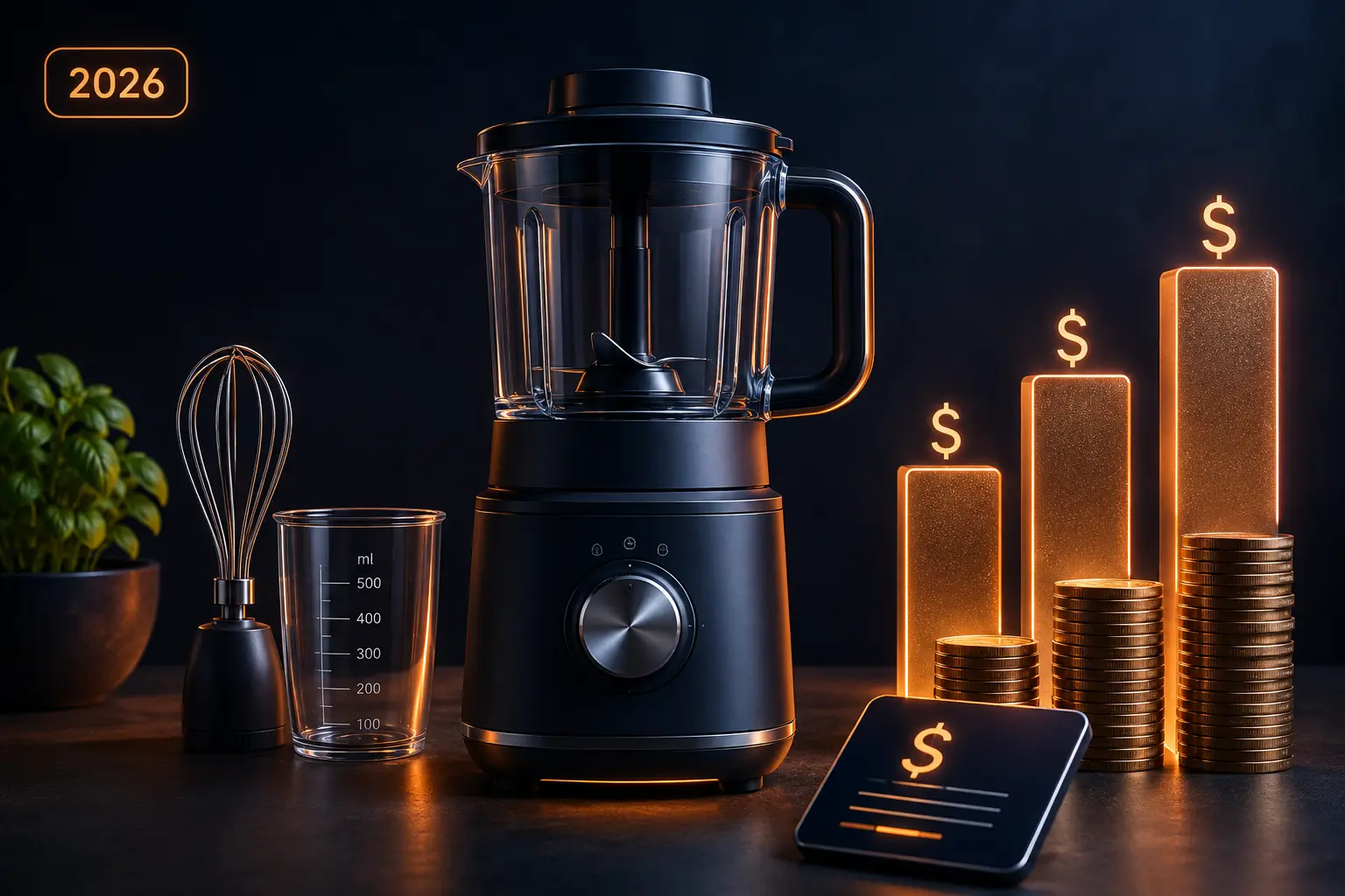 Premium kitchen blender with measuring cup, whisk, coin stacks, and glowing cost bars on a dark background representing Amazon PPC cost benchmarks for kitchen gadget brands in 2026.