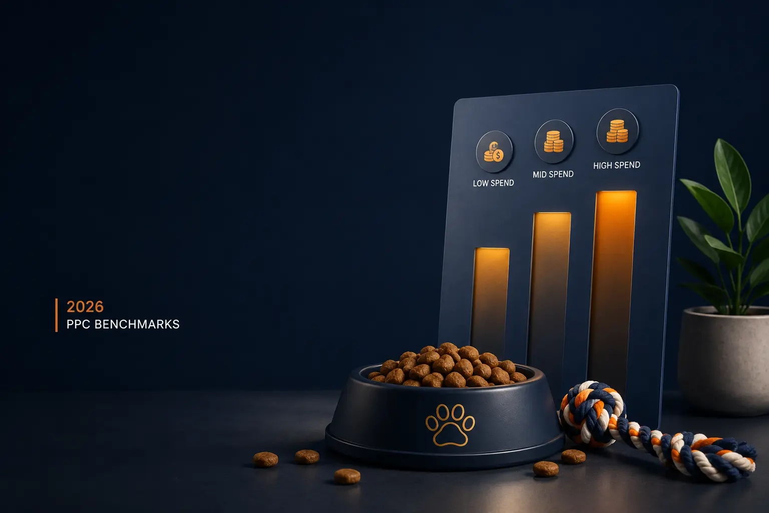 Premium pet care setup with dog food bowl, rope toy, and spend-tier chart illustrating Amazon PPC cost benchmarks for pet brands in 2026.