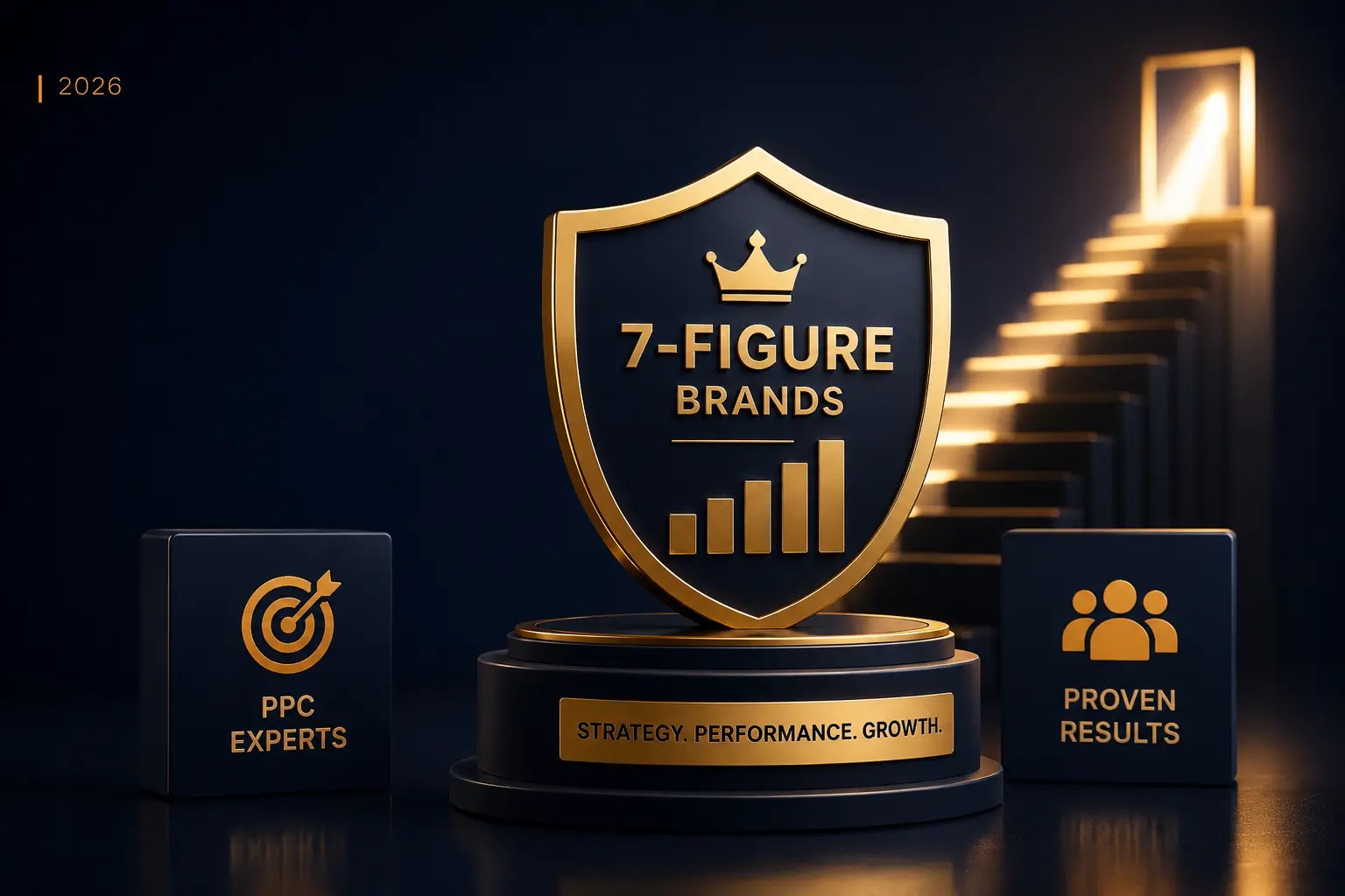Premium 7-figure brands shield award with PPC experts, proven results, and illuminated growth steps representing a top Amazon PPC agency in 2026.