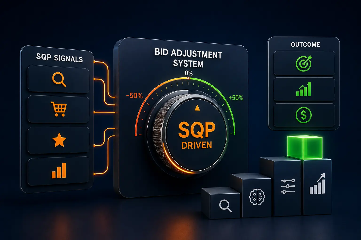 SQP-driven bid adjustment system showing search signals feeding a central bid control dial with optimized targeting, growth, and profitability outcomes.