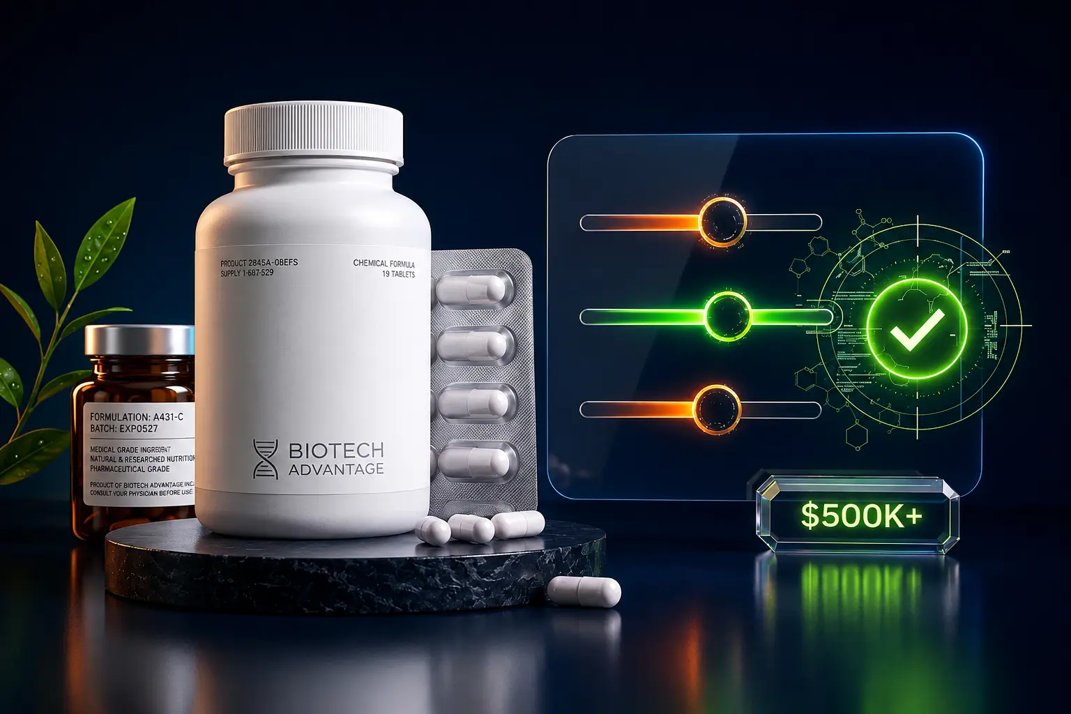 Premium health supplement products beside optimization controls and a green performance check, representing Amazon Ads optimization for $500K+ health brands.