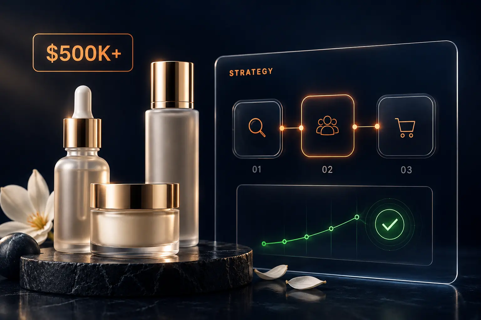 Premium skincare products beside a strategy dashboard with audience targeting, purchase flow, and growth indicators representing Amazon advertising for $500K+ beauty brands.