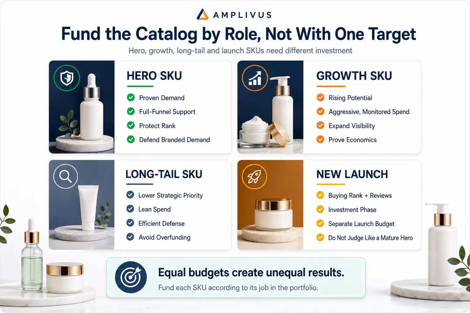 Beauty brand Amazon advertising portfolio matrix showing hero SKUs receiving full-funnel support, growth SKUs receiving aggressive monitored investment, long-tail products running lean, and new launches being funded for rank and reviews.