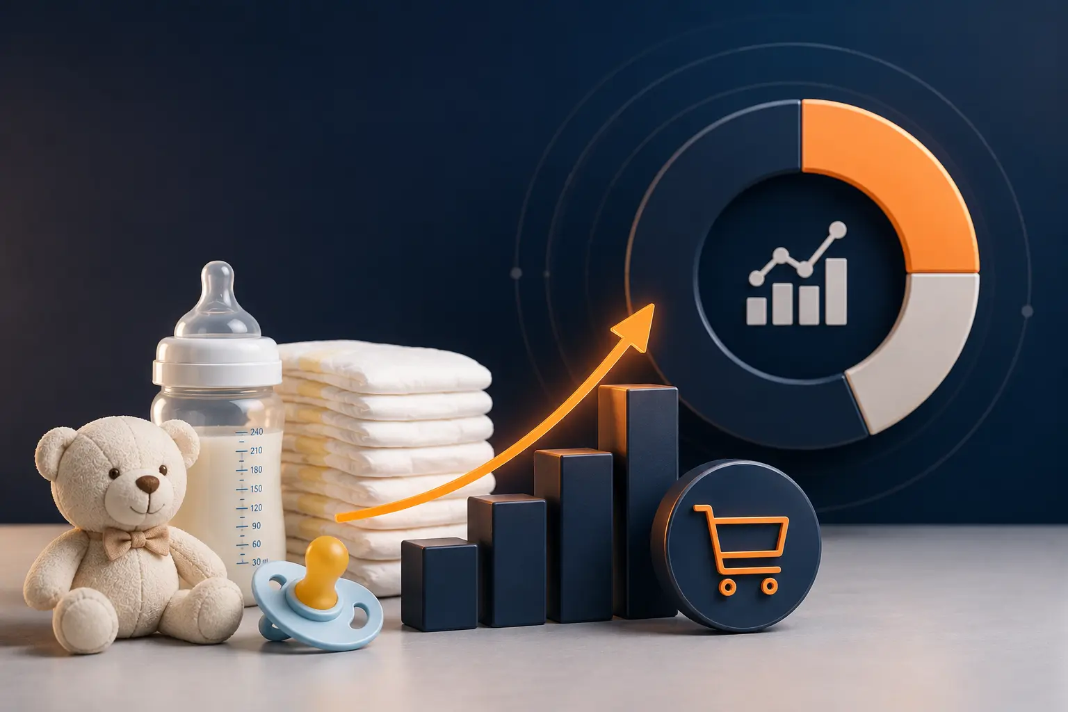 Baby bottle, diapers, teddy bear, pacifier, and ecommerce performance graphics representing Amazon PPC cost benchmarks for baby brands in 2026.