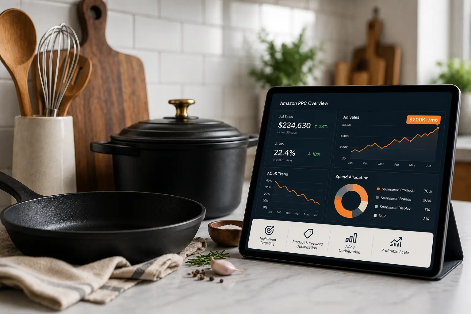 Premium cookware beside an Amazon PPC dashboard showing $200K+ monthly sales, ACoS improvement, ad spend allocation, and profitable campaign growth.