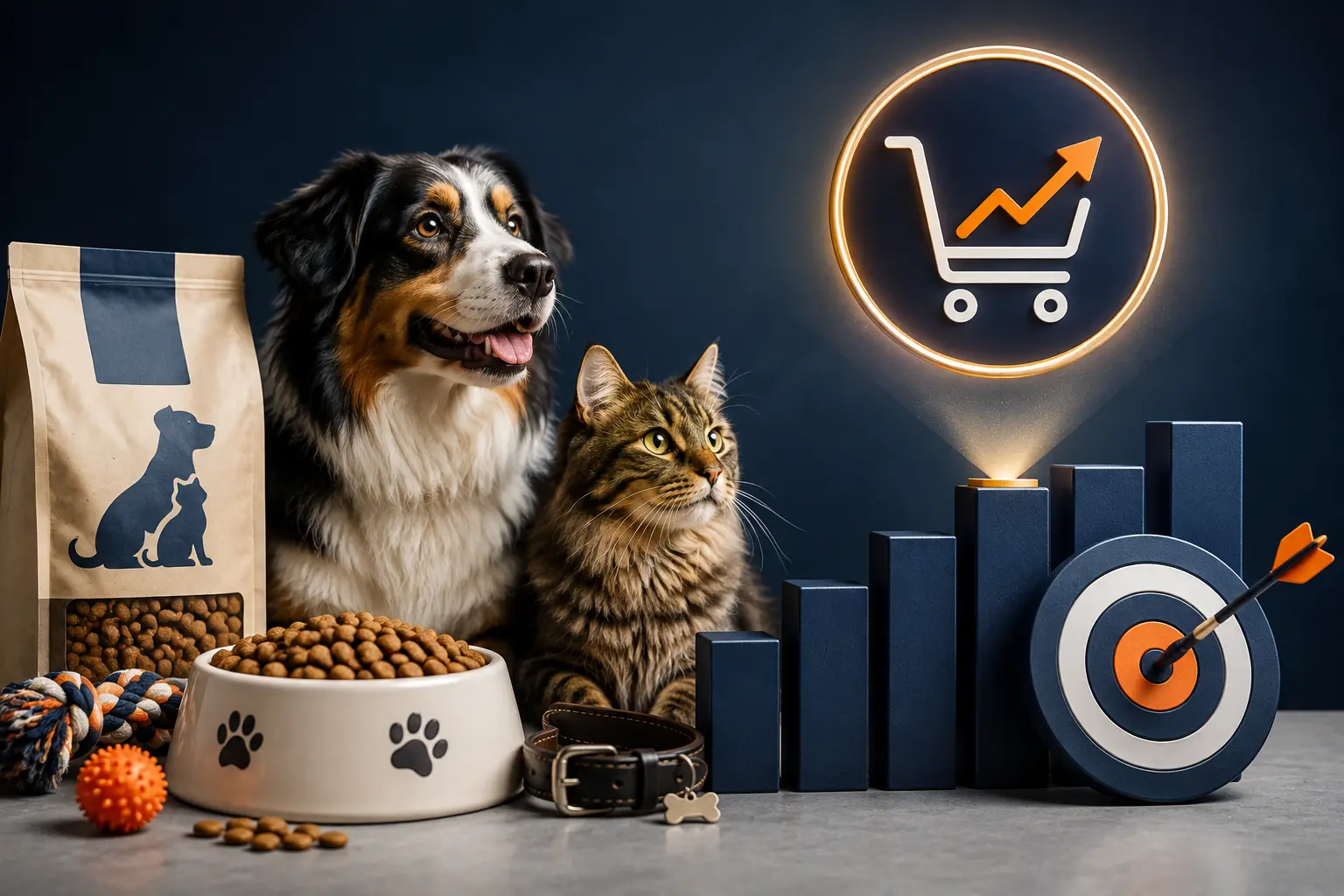 Premium pet brand scene with dog food, pet accessories, a dog and cat, plus performance icons representing Amazon PPC optimization for pet brands at $200K+ per month.