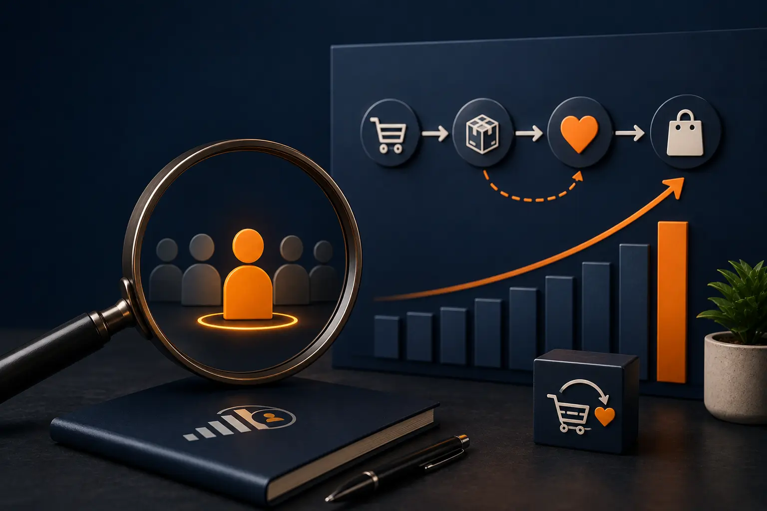 Magnifying glass highlighting a repeat-purchase customer cohort with loyalty and growth visuals representing Brand Analytics repeat purchase behavior.