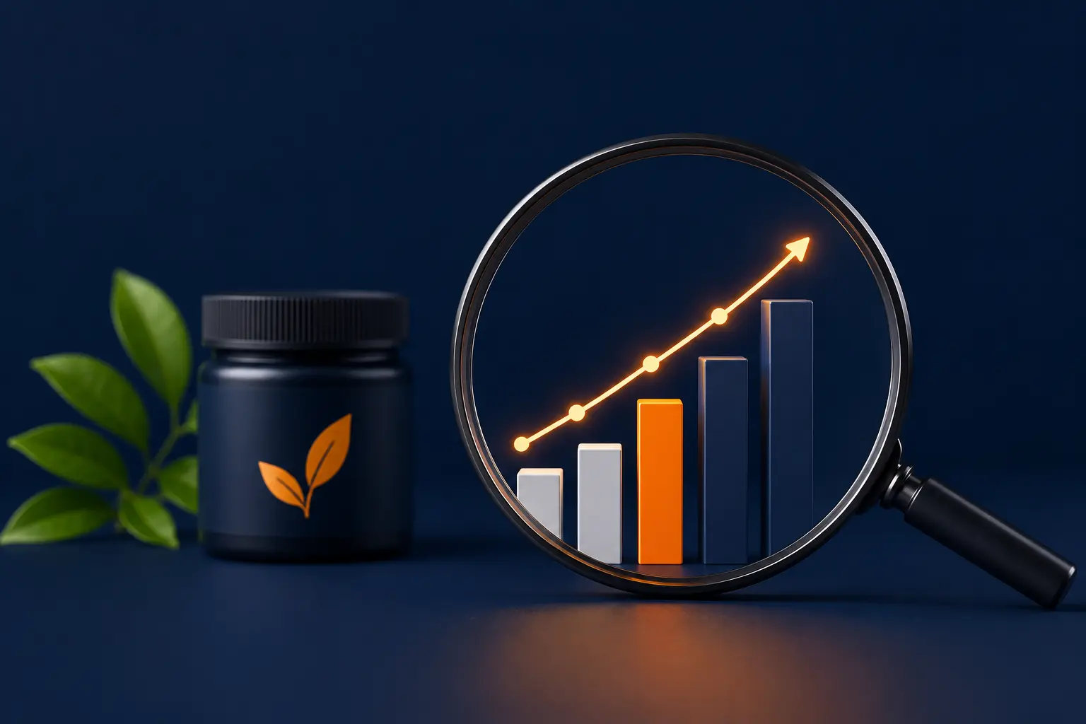 Wellness product with a magnifying glass highlighting rising PPC cost bars and an upward trend, representing Amazon PPC benchmarks for wellness brands