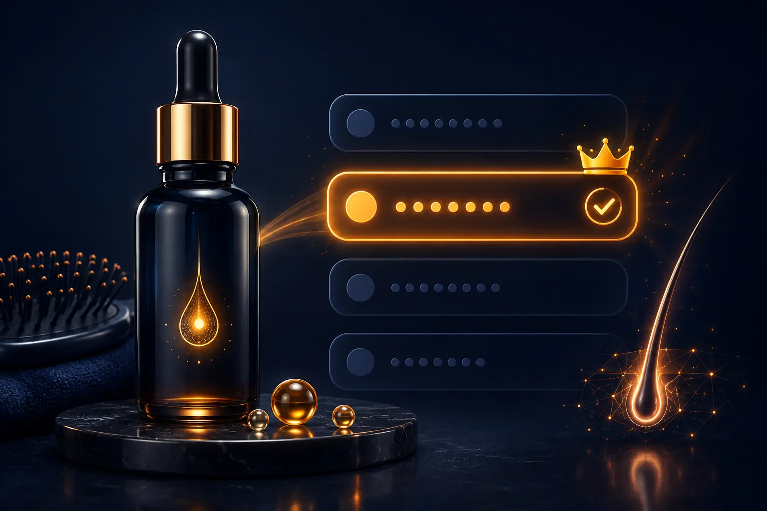 Premium hair growth serum with a ranked keyword-selection interface and glowing hair follicle visual representing top Amazon PPC keywords for hair growth brands