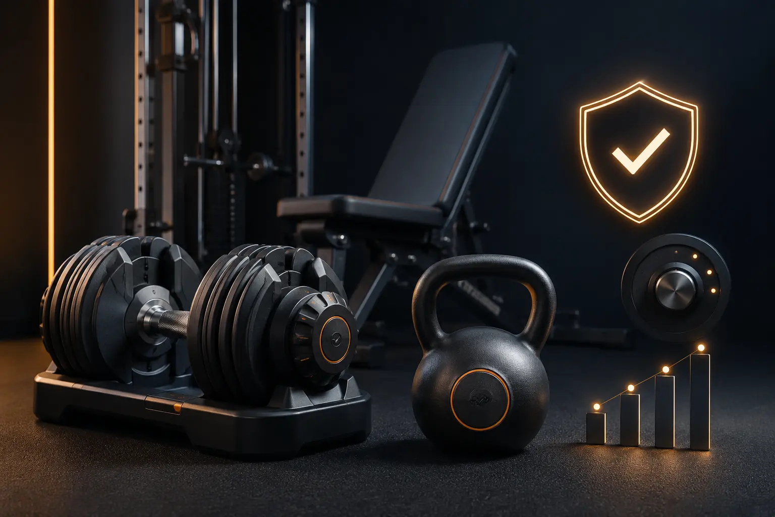 Premium home gym equipment including adjustable dumbbells, kettlebell, and bench in a dark studio setting with subtle performance icons representing Amazon PPC services for home gym brands doing $250K+ per month.
