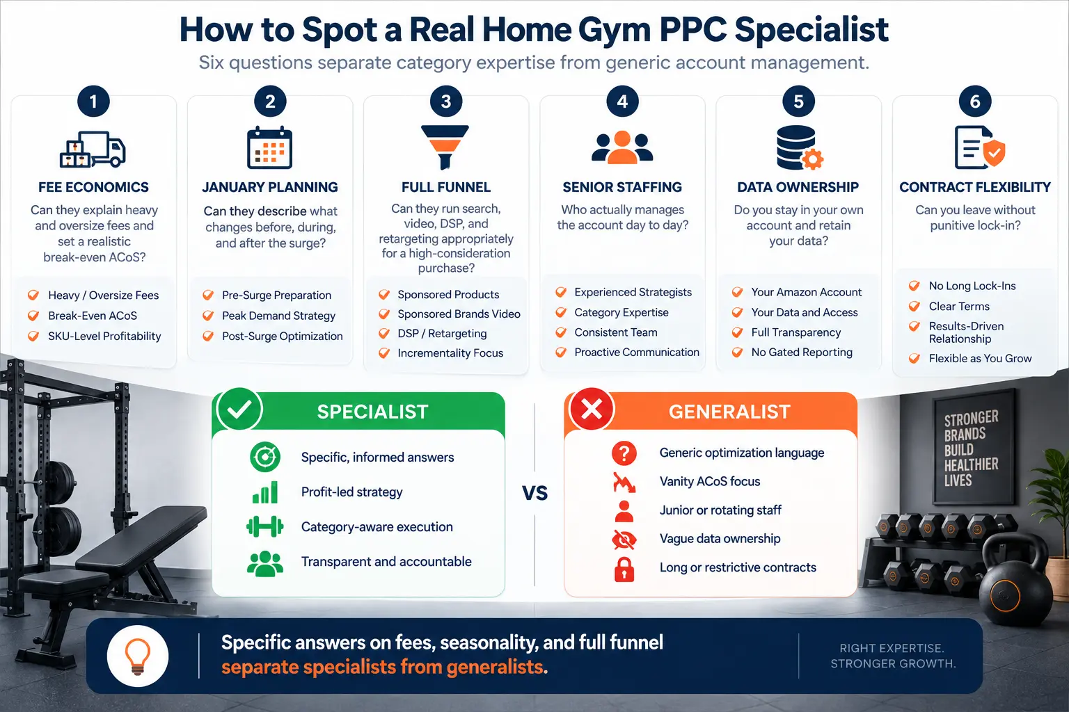 Home gym Amazon PPC service evaluation scorecard covering heavy FBA fee expertise, January seasonal planning, full-funnel advertising, senior staffing, data ownership, and contract flexibility.