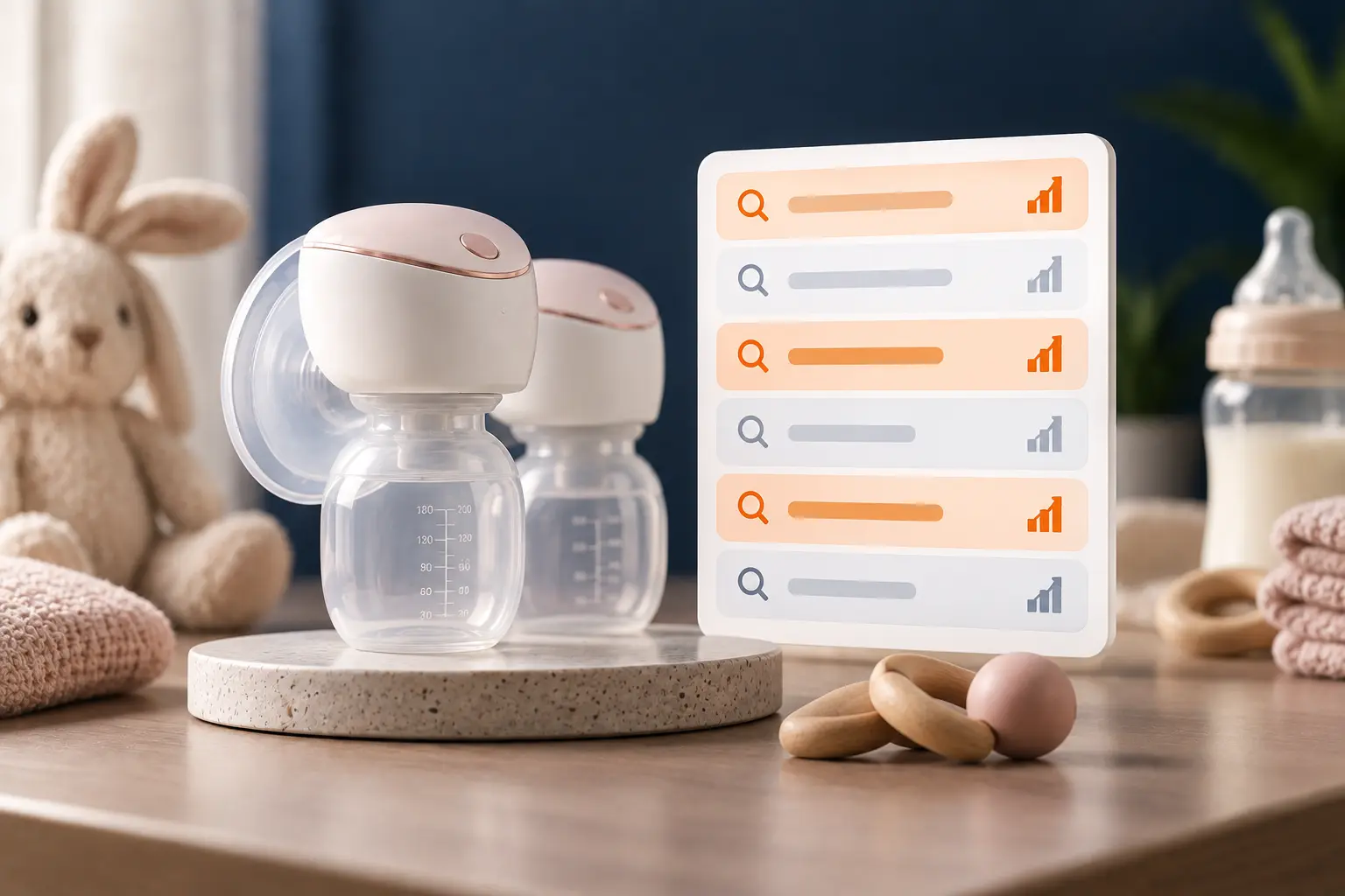 Wearable breast pumps displayed beside a clean keyword-ranking interface, representing high-performing Amazon PPC keyword opportunities for breast pump brands in 2026.