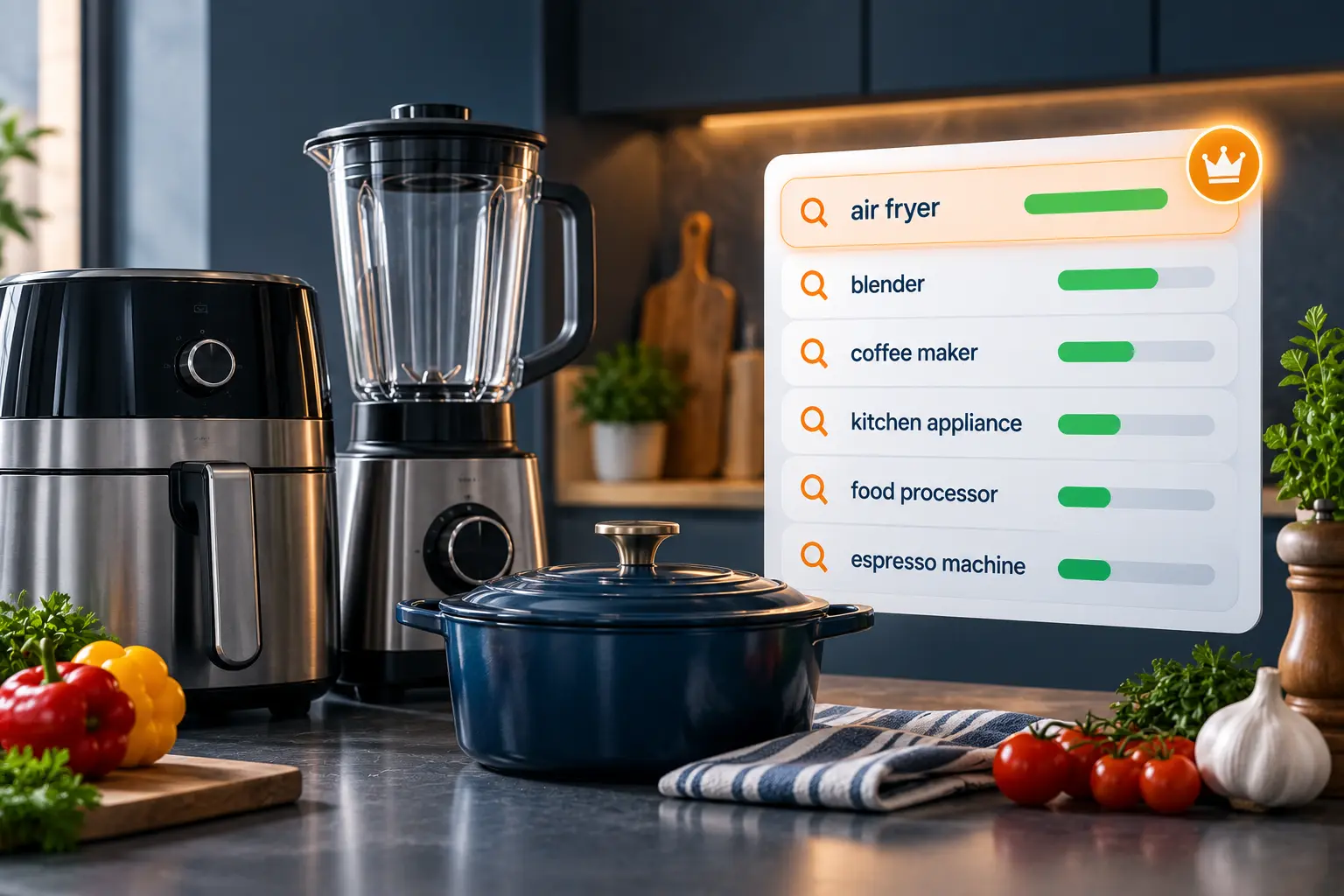 Premium kitchen appliances displayed beside a keyword ranking panel featuring air fryer, blender, coffee maker, food processor, and espresso machine searches for Amazon PPC