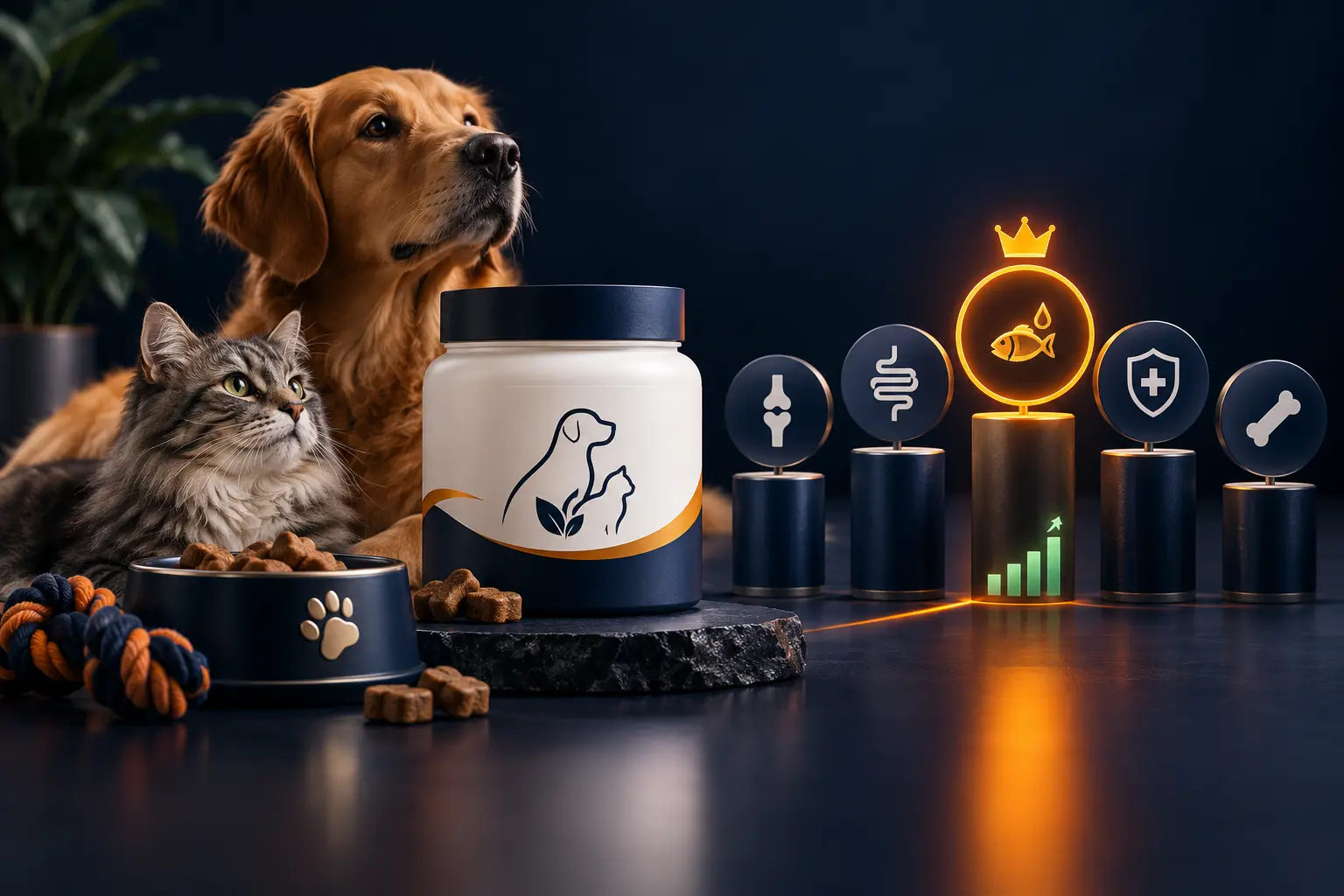 Premium pet supplement products with dog and cat imagery plus ranked wellness icons representing top Amazon PPC keyword opportunities for pet supplement brands