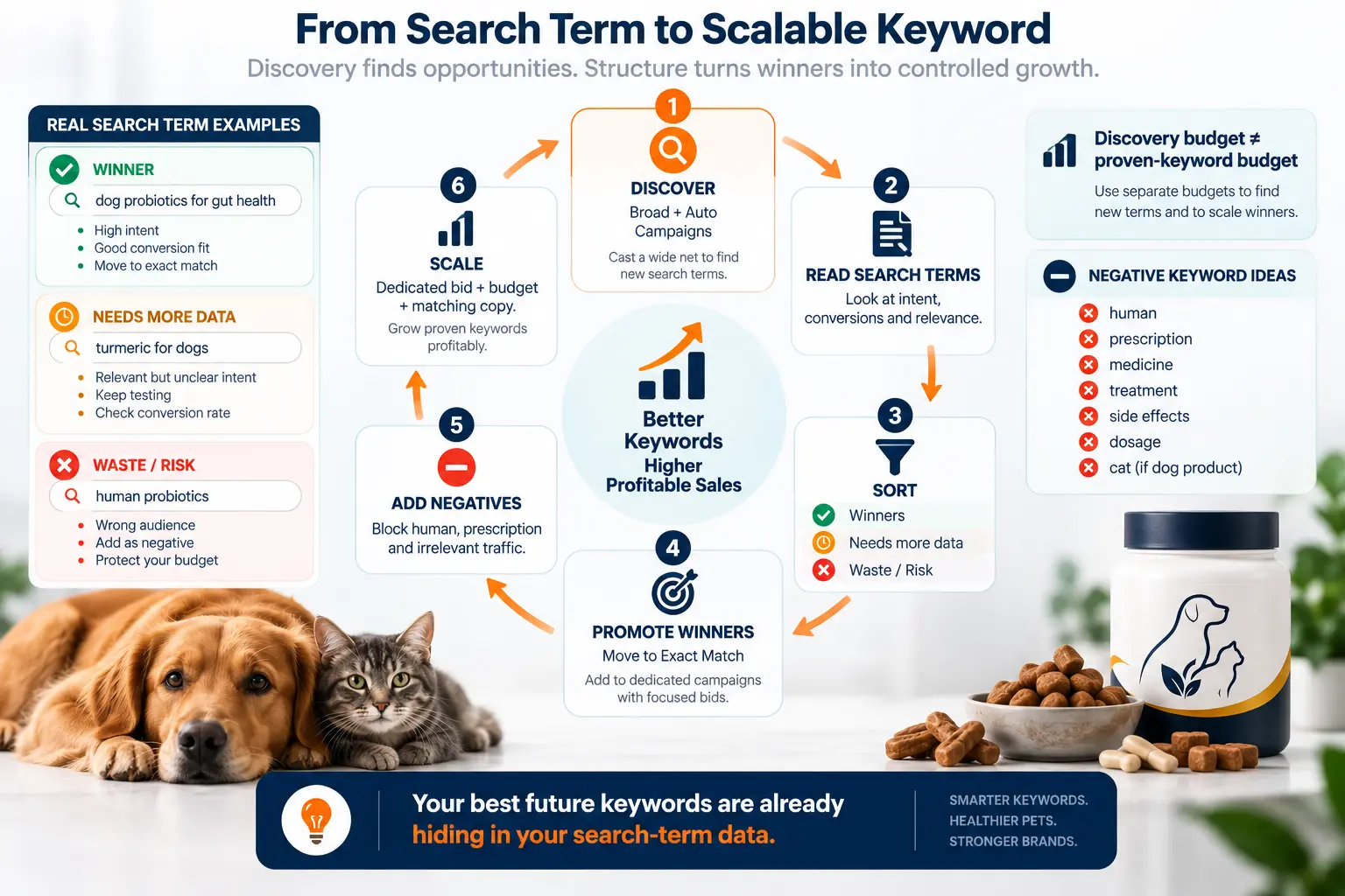 Amazon PPC keyword harvesting workflow for pet supplements showing broad discovery, search-term analysis, exact-match promotion, negative keywords, and controlled scaling of proven terms.